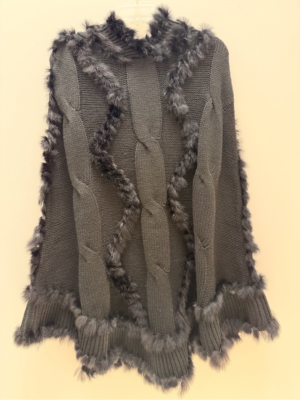 Rabbit Fur Cable Knit Sweater Poncho - Black